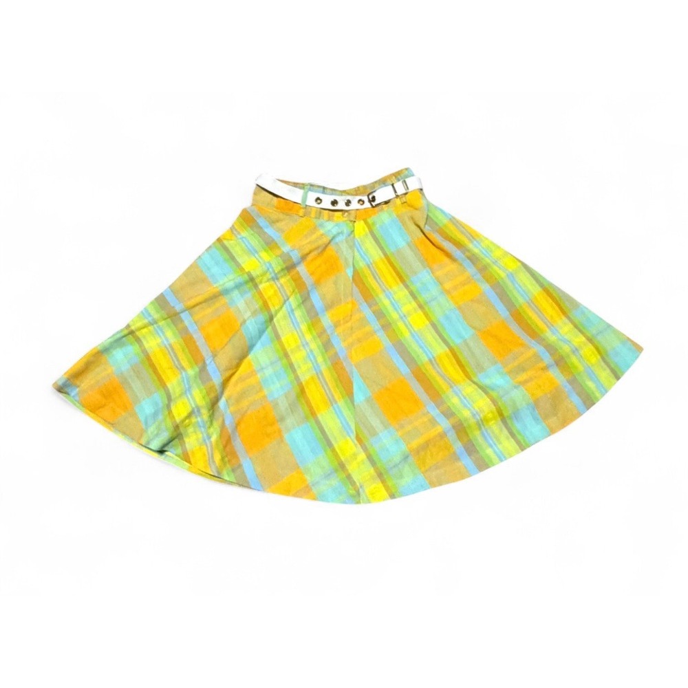 Vintage 50s 60s Plaid Circle Skirt Belt Yellow Blue Green Made USA